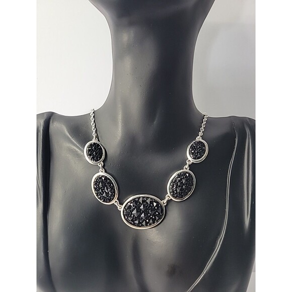 Vintage Black Druzy Style Statement Necklace Silver Tone Oval Faceted Stones - Picture 1 of 10